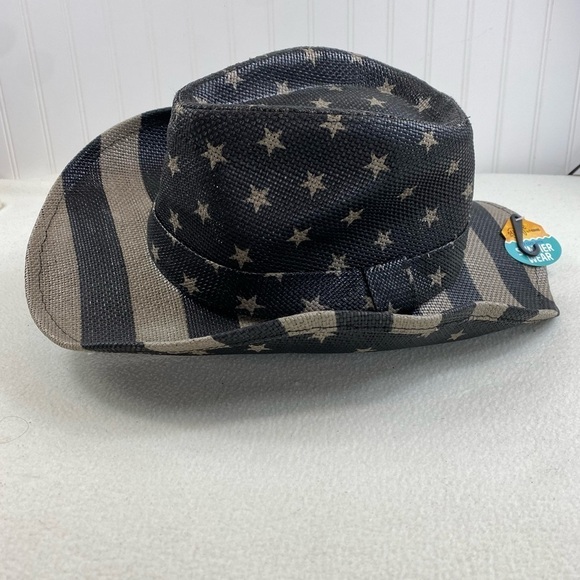 USA Flag Design Cowboy Hat Khaki and Dark Gray Stripes and Stars One Size - Picture 3 of 16